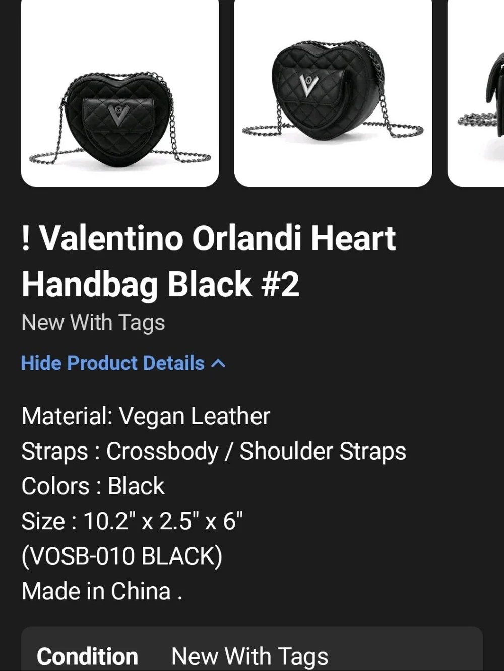 NWT Valentino Orlandi Black Quilted Heart Crossbody Bag VOSB-010 Factory Wrapped